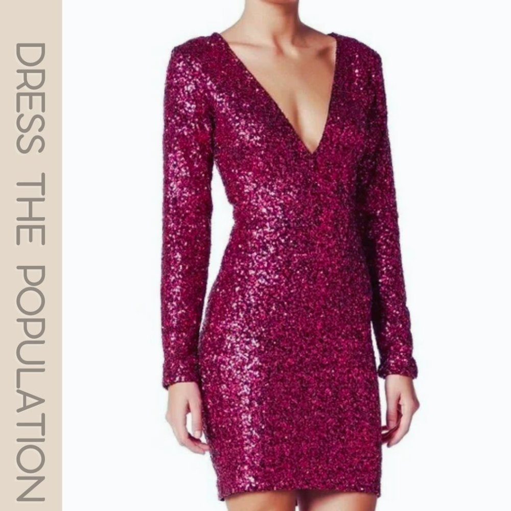 💸PRICE DROP💸 🏷Dress the Population: Ruby Sequins/Long-Sleeve🍸Cocktail Dress